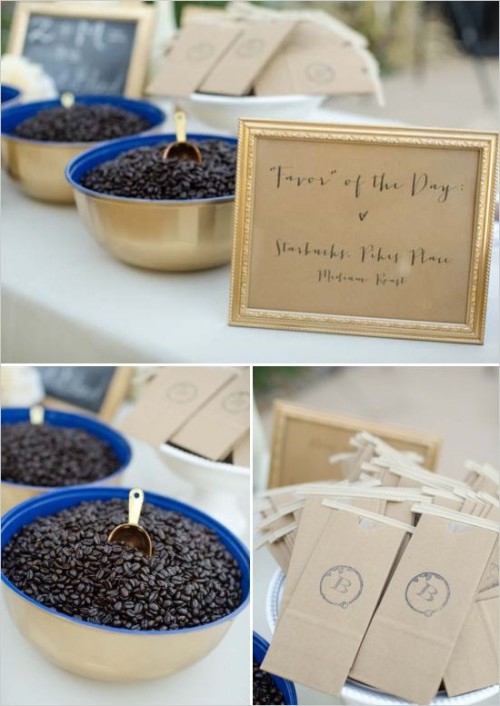 a navy and gold bowl with coffee beans to take home as wedding favors