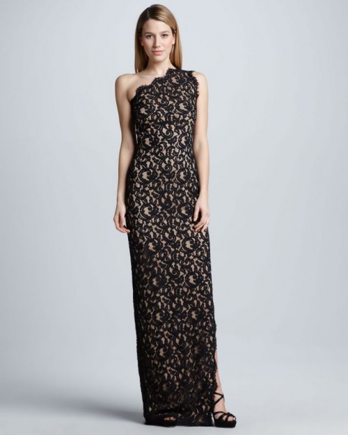 a black lace one shoulder maxi fitting dress is a beautiful and chic mother of the bride option to rock