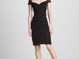 a black embellished over the knee dress with a deep neckline and cap sleeves is a very refined and chic idea to rock
