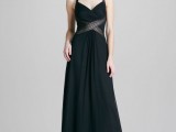 a black A-line maxi dress with thick straps and striped accents on the waist is a very chic and laconic idea to rock