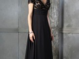 a dramatic A-line maxi dress with a lace bodice with short sleeves and a pleated skirt is a lovely and bold idea