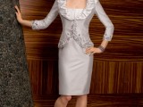 a formal neutral look with a strapless fitting knee dress and an embellished and embroidered blazer with long sleeves is super elegant