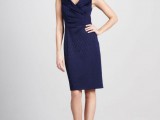 an elegant navy textural and draped knee dress with thick straps and no sleeves plus a deep V-neckline is a very stylish option