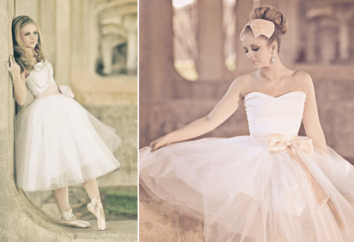 strapless A-line tea length wedding dress with corsets and tulle skirts for a ballerina-like wedding look