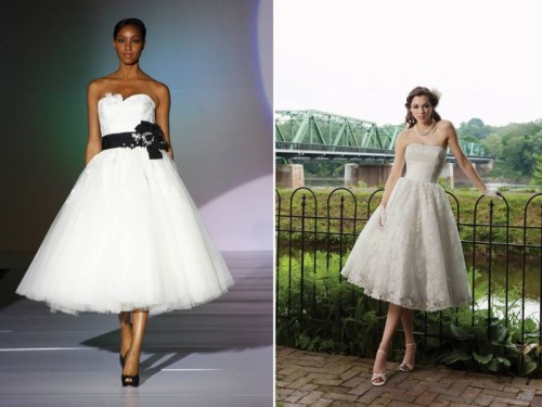 strapless A-line tea length wedding dresses - a white strapless one with a black sash and a fabric bloom, an ivory one of lace and white shoes and gloves