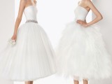 strapless A-line tea length wedding dresses with a pleated and a ruffle tiered skirt, elegant accessories and peep toe shoes