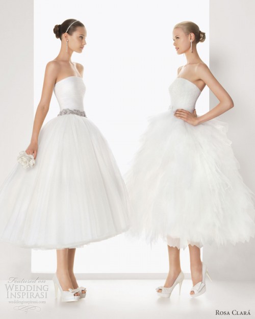 strapless A-line tea length wedding dresses with a pleated and a ruffle tiered skirt, elegant accessories and peep toe shoes