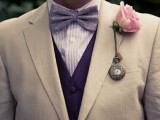a vintage pocket watch and a pink rose is a stylish and eye-catchy accessory for a vintage groom’s look