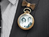 a vintage wedding boutonniere of a pocket watch with a vintage photo and a little bow is a unique solution for a vintage groom’s look