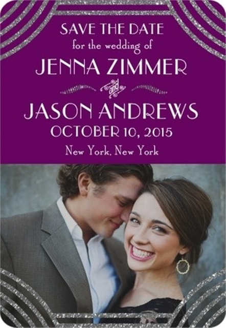 a purple and grey save the date with silver glitter touches and the couple's photo is a stylish idea for a magnet