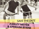 a black and white photo as a base for a save the date magnet, colorful printing that highlights the date  is a cool and fun idea