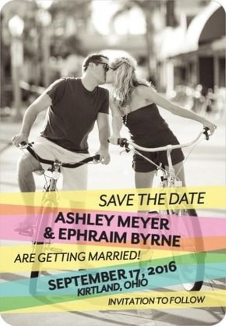 a black and white photo as a base for a save the date magnet, colorful printing that highlights the date  is a cool and fun idea