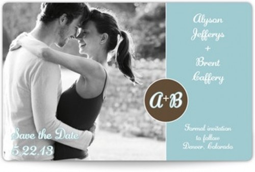 a black and white couple's photo with a blue part, white calligraphy and a copper circle is a cool idea for a wedding magnet