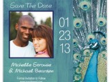a colorful wedding save the date magnet with the couple’s photo, a peacock and white calligraphy is a cool and bright idea