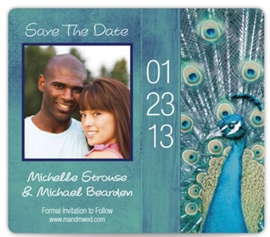 a colorful wedding save the date magnet with the couple's photo, a peacock and white calligraphy is a cool and bright idea