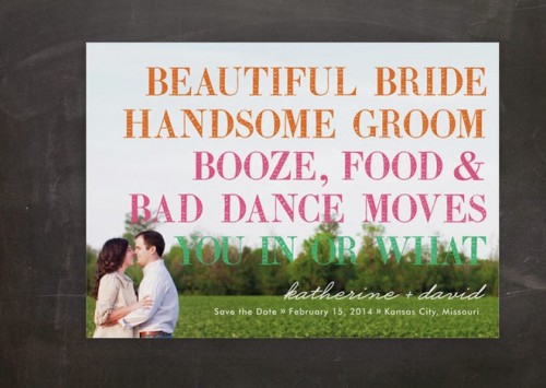 a large and colorful wedding save the date magnet styled as a large card with the couple and bright letters is a cool and bright idea