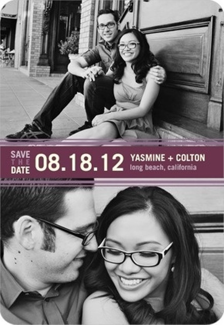 a couple of black and white couple's photos and a burgundy stripe with white letters is a cool save the date idea for a wedding