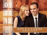 a colored couple’s photo in warm shades, with numbers, letters is a cool and bold idea for an elegant wedding