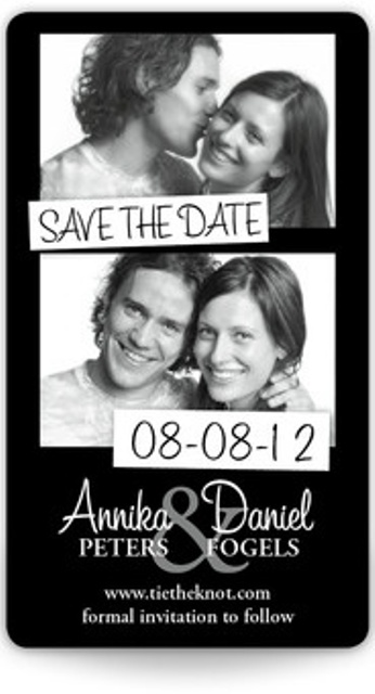 a couple of black and white photos and black and white printing and calligraphy is a cool and chic idea for a wedding