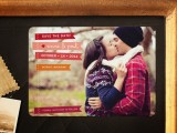 a large save the date magnet with the couple’s photo from the engagement photo shoot is a lovely idea for a wedding, take pics in fall outfits if it’s a fall wedding