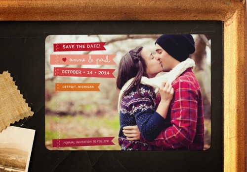 a large save the date magnet with the couple's photo from the engagement photo shoot is a lovely idea for a wedding, take pics in fall outfits if it's a fall wedding