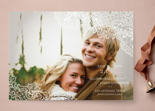 a romantic save the date wedding magnet with the couple's photo and lace decor is a lovely and delicate idea for a wedding