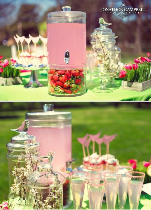 fresh pink lemonade and strawberries underneath to add them to your lemonade - a very cool idea