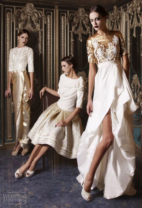creative two piece bridesmaid dresses in white and gold, with lace applique bodices, a draped top and a gold shiny skirt