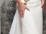 a sheath wedding dress with gold lace and embellishments is a stunning and refined idea for a glam bride
