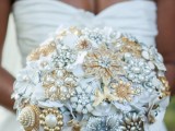a refined white and gold brooch wedding bouquet shaped as a ball is a lovely idea to go for, perfect for a vintage wedding