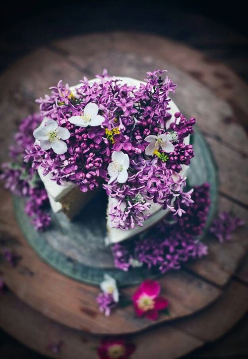 a naked wedding cake topped with white blooms and lot sof lilac looks incredibly spring-like and inspiring