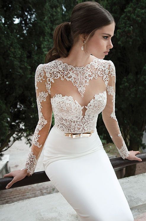 a chic winter wedding dress with a lace illusion bodice, long sleeves and a plain skirt plus a metallic belt