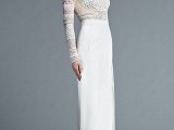 a modern wedding dress with a crochet lace bodice, long sleeves, a high neckline and a plain skirt