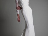 a modern and refined sheath wedding dress with a lace illusion neckline, geometric embroidery on the whole dress