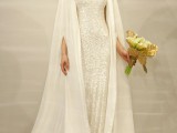a white sequin slip wedding dress and a capelet with a hood for creating a one-of-a-kind wedding look