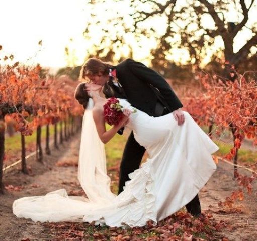 A very cool fall vineyard wedding portrait right in the vines gets maximum of the location