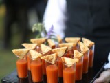 fall wedding appetizers – tomato soup in shots topped with toasts is a lovely and cozy idea for any fall wedding