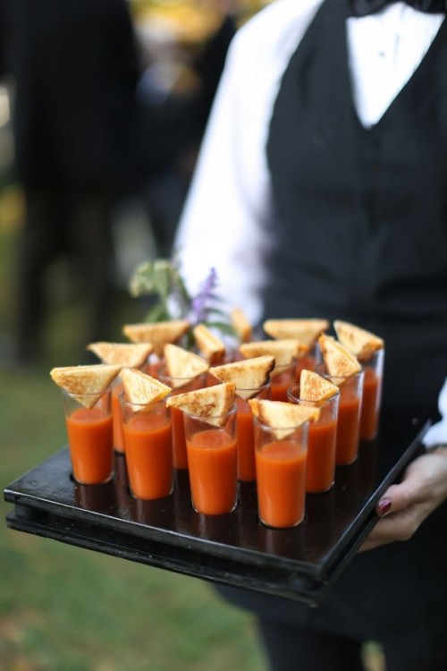 fall wedding appetizers - tomato soup in shots topped with toasts is a lovely and cozy idea for any fall wedding