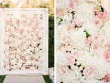 an elegant blush rose and white hydrangea floral wedidng backdrop in a vintage white frame