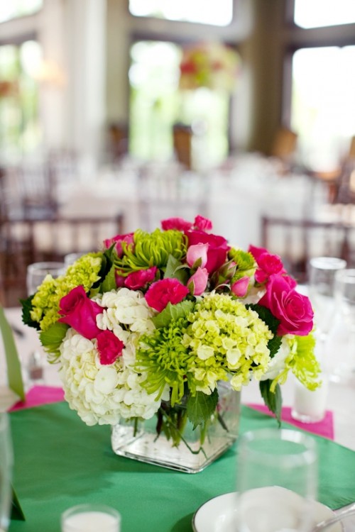 a fuchsia, white and bright green wedding centerpiece will make your spring wedding ultra bright