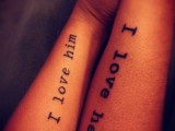 matching text forearm tattoos like these ones are classics that always works