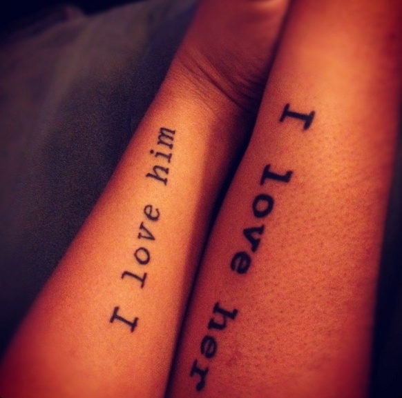 Matching text forearm tattoos like these ones are classics that always works