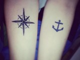a compass and an anchor tattoo made on the same places show off you as a couple, a perfect match