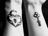 beautiful vintage-inspired lock and key wrist tattoos show that you two are a perfect match forever