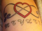 a red heart, an infinity sign and your monograms will be a creative tattoo that you will love for sure