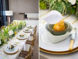 a bright and fun spring wedding tablescape with a lush greenery and yellow bloom runner, gilded pears, neutral linens and cards and looks fresh