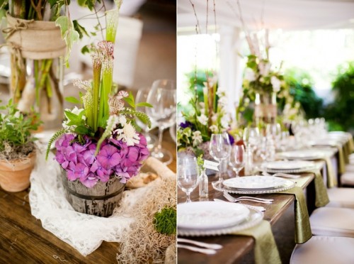 a fresh and bold spring wedding table setting with green napkins, neutral porcelain, bold blooms and greenery and moss