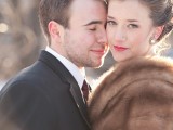 an elegant brown faux fur wrap is ideal for a vintage or art deco inspired bridal look and is all cool and chic