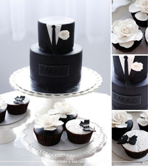 a black and white wedding cake imitating a tuxedo and matching cupcakes for a stylish gay wedding