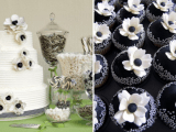 a white textural wedding cake decorated with sugar anemones and cupcakes topped with the same to match